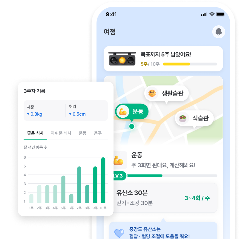 여정 화면 — 검진결과와 생활습관 기반 맞춤 여정